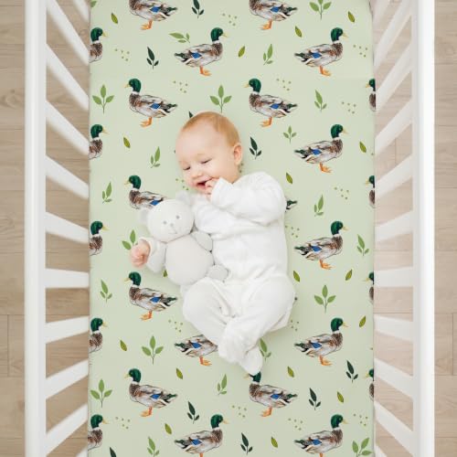 Image of 4 Pack Mallard Duck Baby Crib Sheet for Girl or Boys, Green Gingham Fitted Crib Sheet Soft Breathable, Mallard Duck Nursery Decor for Standard Mattresses Gift Set 28 x 52 in