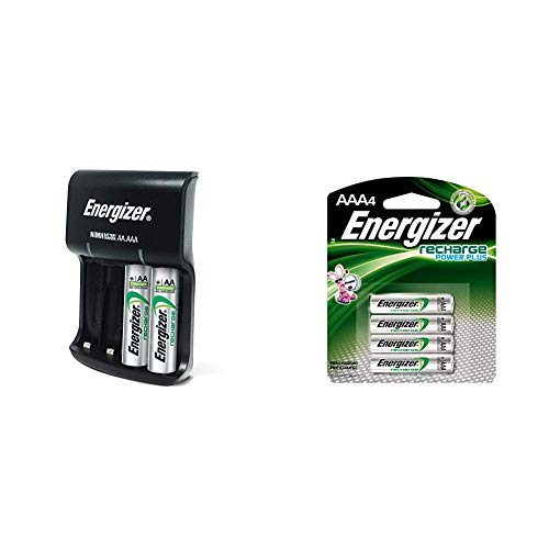 Energizer Recharge Basic Charger with 2 AA NiMH Rechargeable Batteries (Included) LED Indicator & Rechargeable AAA Batteries, NiMH, 800 mAh, Pre-Charged, 4 count (Recharge Power Plus) - EVENH12BP4