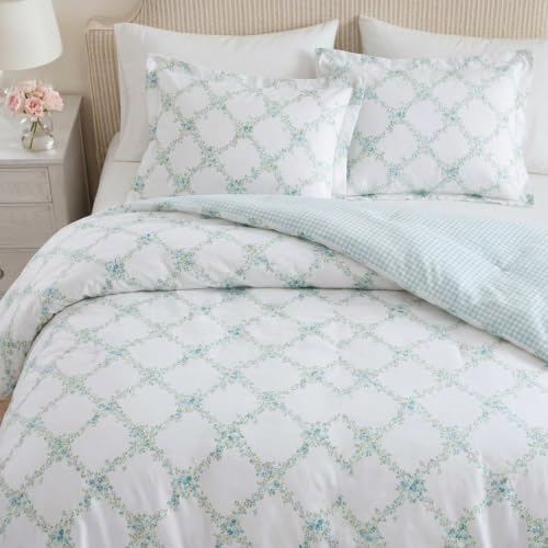 Image of Martha Stewart - Twin /Twin XL Comforter Set, 100% Cotton Bedding with Shams, Soft and Breathable, Lightweight All-Season Comforter, Reversible Design, Romantic Trellis Blue