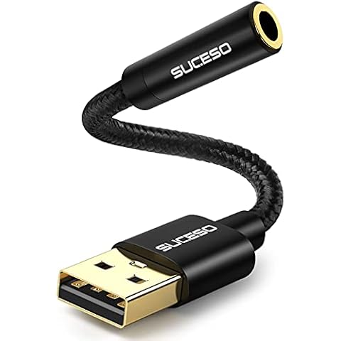 SUCESO USB to 3.5mm Jack Audio Adapter, External Stereo Sound Card USB Aux Headset Microphone Adapter Compatible with Headphone, MacBook, PC, PS4, Headset, Desktops, Laptop, Surface,Windows etc-Black Cover