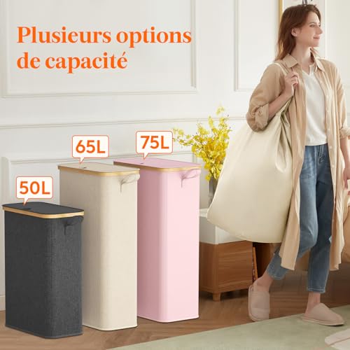 Lifewit Panier Linge Extra Plat, Paniere Linge Sale avec Couvercle, Corbeille a Linge Bambou avec Sac Amovible et Poignée, Bac Linge Etroit pour Chambre, Salle de Bain, Buanderie, 70 L, Beige – vue 8