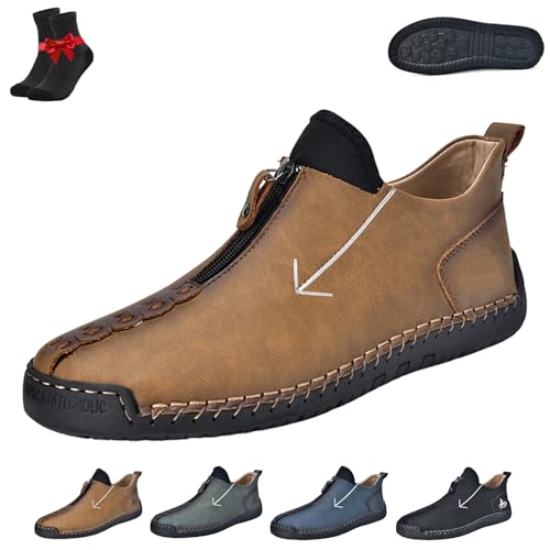 Men's Ergonomic Casual Leather Shoes,Breathable Leather Leisure Shoes,Handmade Casual Loafers,with Adjustable Zipper