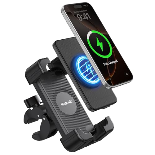 RESSONIC Phone Holder Bike Mount with Detachable Power Bank 5000 mAh– Fast Magnetic Wireless Charging for Strollers, Motorcycles, Gym Equipment, and More – Stable, Secure Design, Water-Resistant by RESSONIC - Used condition - US$36.33