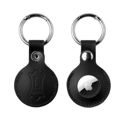 Levy's Leathers Genuine Leather AirTag Holder Keychain Compatiable with All Air Tags with Secure Button Closure, Black (A66AIR-BLK)