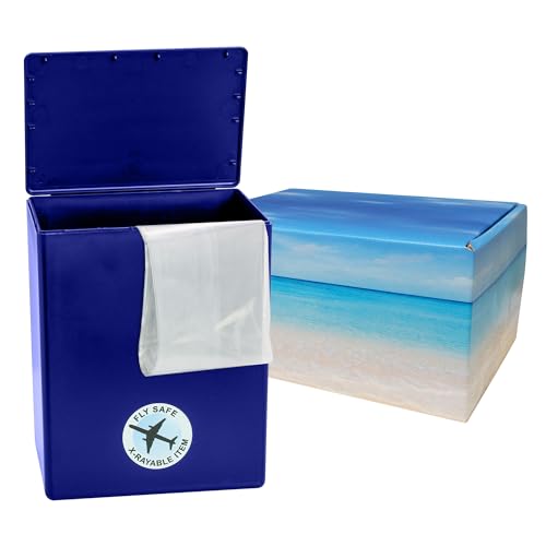 Seashore Themed TSA Approved Fly-Safe and Temporary Travel Cremation Urn Kit for Human Ashes - Airline and Mail Friendly - 200 Cubic Inch Capacity - Blue Plastic Urn with Seascape Mailing Box