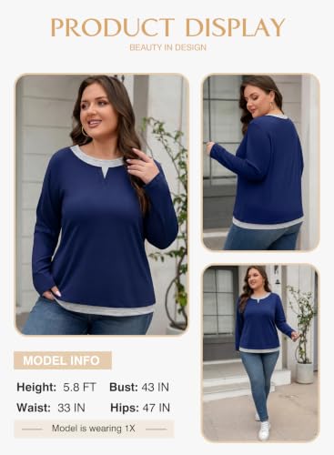 Image of Eytino Women Plus Size Fall Tops Patchwork Shirts(1X-5X) | Casual Crewneck Long Sleeve,Fashion Color Block Basic Tees,Loose Fit Blouse