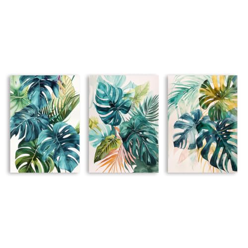 Art moderne pour la maison : triptyque aquarelle de feuilles tropicales chic