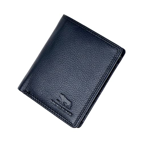 MORUCHA Black Compact Trifold Wallet For Mens | Genuine Soft Nappa Leather RFID Blocking | Zipped Pocket | Designed For Up To 6 Cards, ID, Coins And Cash | Gift Boxed | M-35