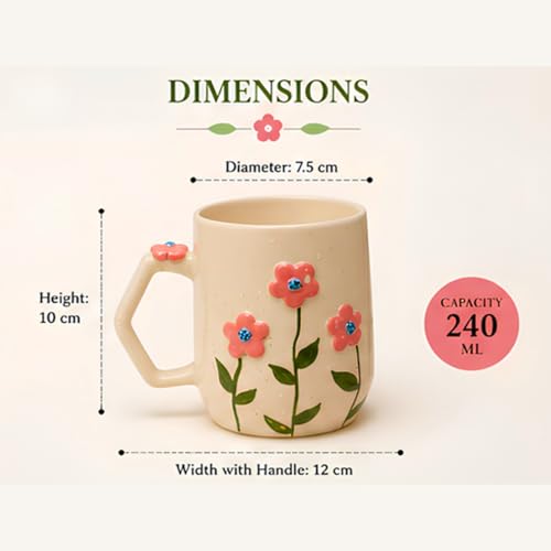 Image of Handmade Ceramic Coffee Mug with 3D Embossed Pink Flowers & Green Leaves, Handpainted Floral Tea Cup, Microwave Safe, Dishwasher Safe, BPA Free, Artisan Pottery Mug for Coffee Tea (240ml)