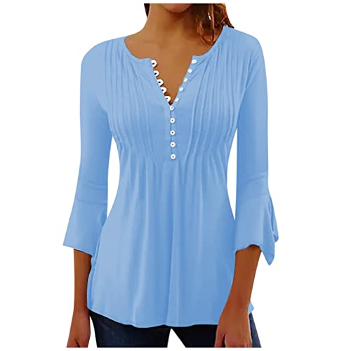 Ladies Blouses Tops Size 12 Boat Neck for Women Womens 3/4 Length Sleeve Fashion Henley Tunic with Button Elegant Flared Flowy Hem Lightweight Comfy Tshirt Trendy(Light Blue, XL)