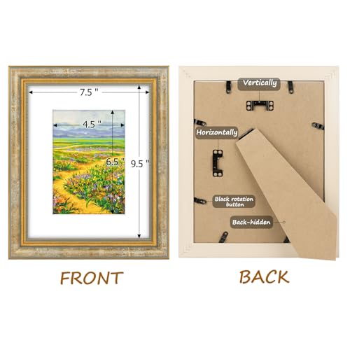 Image of Golden State Art,8x10 Ornate Picture Frame Holds 5x7 Photo,Vintage Gold | Includes real glass front,white mat,easel stand,build-in hangers and buttons.Displays 5x7 photo on wall or tabletop