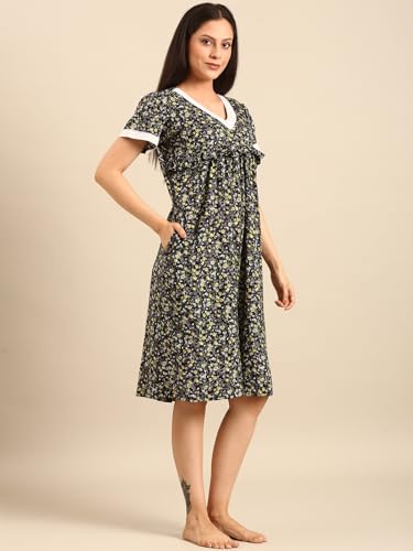 Image of Rupa Jon Aishwarya Women Short Printed Nighty in Premium Cotton Blend Fabric, Midi Length, Night Dress, Three-Fourth Length for Comfortable Everyday Wear