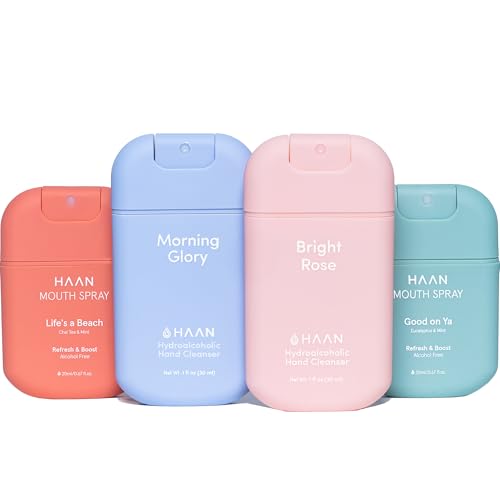 HAAN Spray hidratante para manos con aloe vera y Spray bucal (pack de 4) – 1 unidad por fragancia y sabor: Morning Glory, Bright Rose, Fresa y Menta