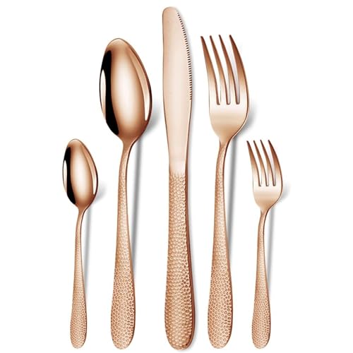 Image of aDai Hammered Rosegold Silverware Set | 5-Piece Premium Stainless Steel Flatware Set | Dishwasher Safe Cutlery Set for Home, Restaurant & Gifting