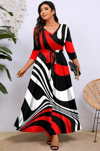 Image of Runwind Plus Size Maxi Dresses - 3 /4 Sleeve V Neck Long Dresses for Women (XL-6XL)