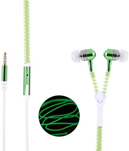 Sprint4deals UK Auriculares luminosos con cremallera, con cable que brillan en la oscuridad, auriculares estreo de alta fidelidad, bajos intrauditivos, deportivos, con cremallera, color verde