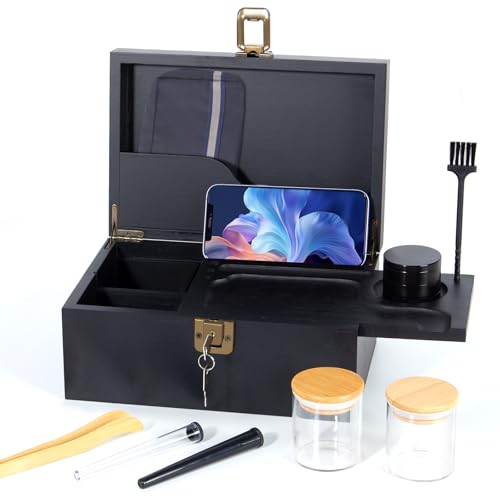 Todeco Grande boîte en bambou avec serrure, Boîte de rangement avec Grinder, bocaux en verre, Plateau amovible et outil d'accessoire, Boîte décorative pour...