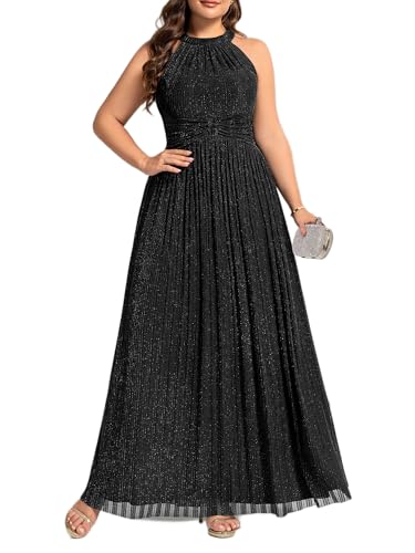 Image of Ever-Pretty Plus Women's Floor Length A-Line Halter Sleeveless Pleated Glitter Plus Size Formal Dress Evening Gown