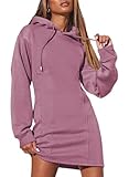 AlvaQ Womens Hooded Sweatshirt Dress Fall 2025 Trendy Solid Color Slim Long Sleeve Drawstring Pleated Hoodies Pullover Tunic Dresses Pink Medium