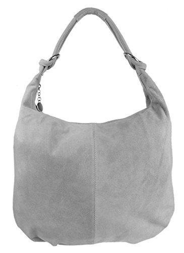 Girly Handbags Womens Hobo Italian Suede Leather Shoulder Bag (Light Grey)