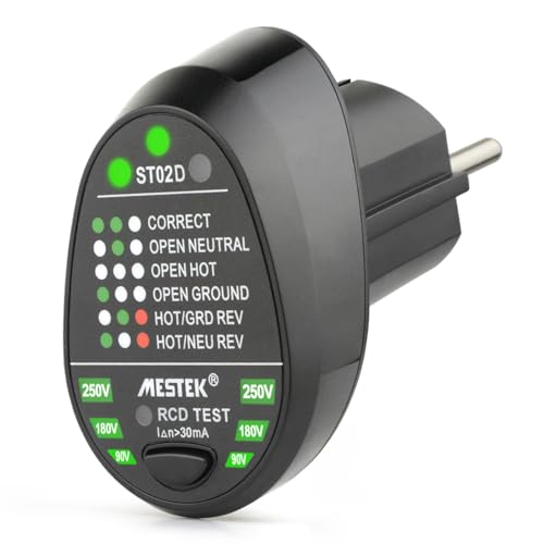 Jadeshay Comprobador de Enchufe,Probador Eléctrico de RCD Enchufe con Indicador para Polaridad de Circuito de Prueba de Cable de Tierra Vivo Neutro,7 Tipos de Diagnóstico de Averías (EU Plug)