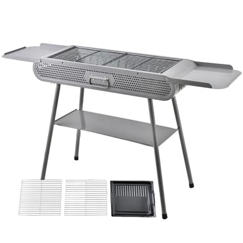 Grill a carbonella da tavolo con 2 reti e 1 piastra per grigliare, griglia pieghevole per barbecue con 3 ripiani portaoggetti, barbecue all'aperto per 5-8 persone, 77 x 30 cm
