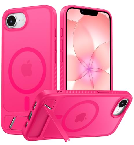 Image of FNTCASE for iPhone 17e Case: iPhone 16e Phone Case [Magnetic Stand] [Compatible with Magsafe] Translucent Matte Military Grade Shockproof Drop Protective Phone Cover,Hot Pink