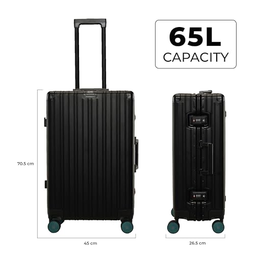 Image of EUME 100% Aluminium Trolley Bag for Travelling| 60cm Luggage Trolley Bag Medium Size for Travel| 8 Silentrun 360 Degree Spinner Wheels System| Premium Trolley Bag for Travel (Black with Green Wheel)