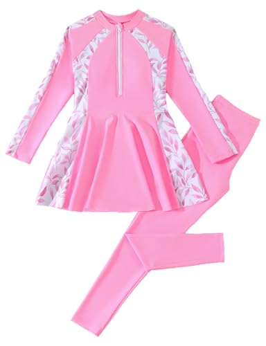 Sthxyfaith Girls Swimsuit Set Sports Swimming Costume Skirt Long Sleeve pants Swimwear Kids Bathing Suits Beachwear Pink 9-10 Years