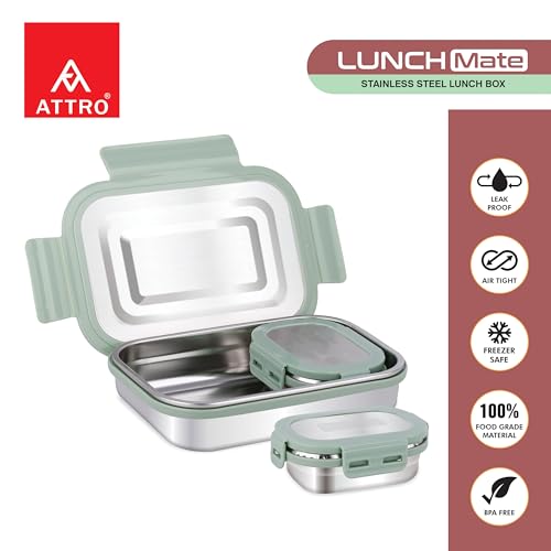 Image of ATTRO Lunchmate Stainless Steel Airtight Leak-Proof Lunch Box for Office, School, Picnic, 800 Ml - Green