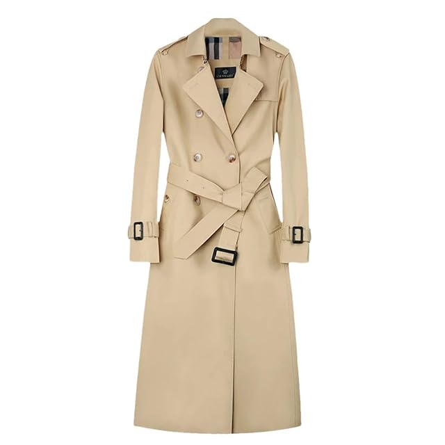 Womens Windbreaker Long Knee Length Trench Double-Breasted Cotton England Check Lining Classic Tailoring Trench Coat