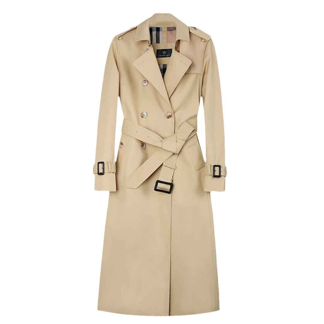 Womens Windbreaker Long Knee Length Trench Double-Breasted Cotton England Check Lining Classic Tailoring Trench Coat