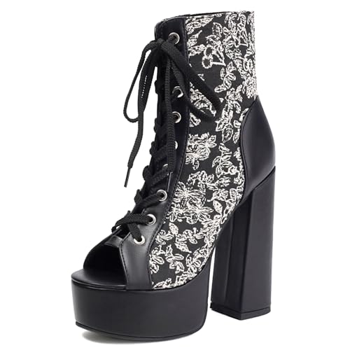 Bottes à lacets plateforme style gothique noir et blanc pour club et scène