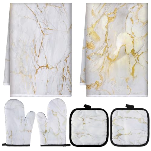 Sratte 6 Pcs Farmhouse Marble Kitchen Towels Pot Holders Oven Mitts Set 2 Dish Towels 2 Potholders 2 Cooking Mittens Oven Glove for Cooking Baking Grilling Supply (White, Gold) by Sratte - Used condition - US$9.26