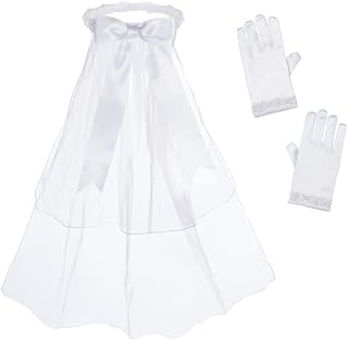 First Holy Communion Veil and Gloves Set with Pearl and Sequin Trim, White Pearl Wreath