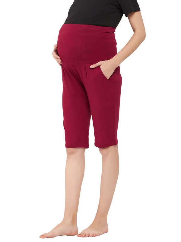 Image of Clovia Women's Cotton Chic Basic Maternity Shorts in Maroon