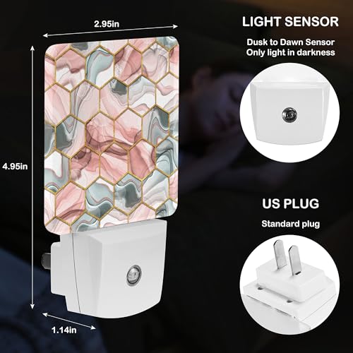 Image of LED Night Light Lamp with Smart Sensor Dusk to Dawn Sensor,Abstract Gray Red Hexagon Texture Night Light Daylight White,0.5W Plug-into Wall for Adults,Bedroom,Bathroom,Hallway,Kitchen