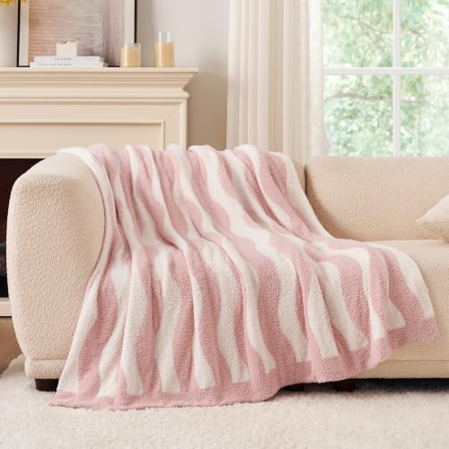 Snuggle Sac Pink Throw Blanket for Couch, Soft Cozy Fluffy Blankets for Women, Warm Microfiber Knit Cute Throws for Girls Daughter Gifts, Wave Pink, 50x60 inches