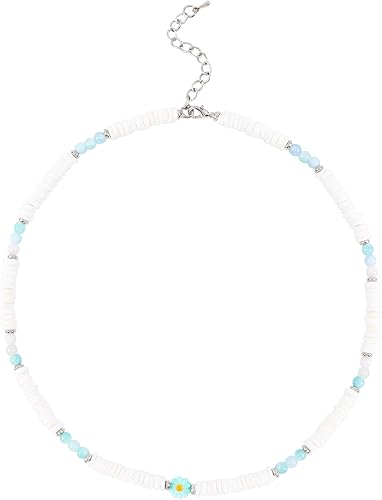 Bohemian Beaded Necklace for Women Daisy Flower Beaded Choker Natural Stone Choker Necklace Delicate Small Flower Pendant Natural Crushed Stone