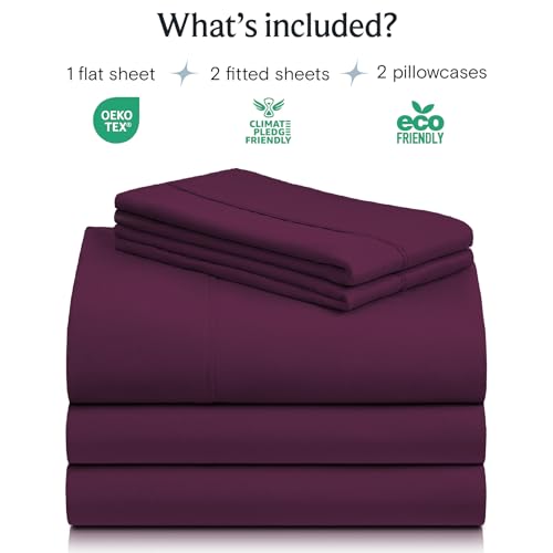 Image of LuxClub 5 PC Split King Sheet Set, Breathable Luxury Bed Sheets, Deep Pockets 18 inch Eco Friendly Wrinkle Free Cooling Sheets Machine Washable Hotel Bedding Silky Soft - Eggplant Split King