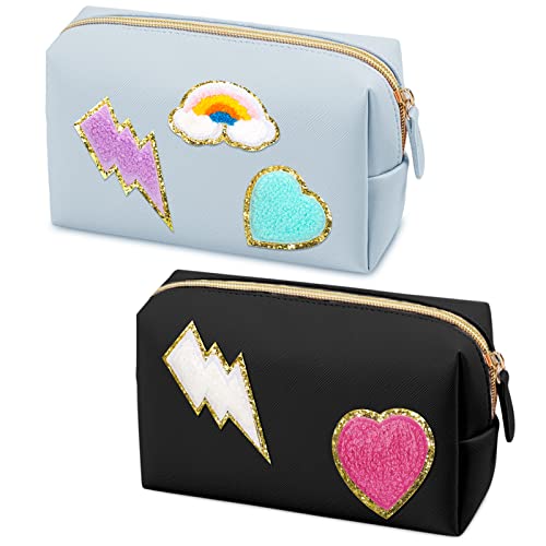 Reginary 2 Pcs Preppy Patch Toiletry Bag Preppy Small Makeup Bag Smile Heart Rainbow Portable Waterproof Cosmetic Bag PU Leather Pouch for Women for Back to School Gifts (Black, Blue, Heart)