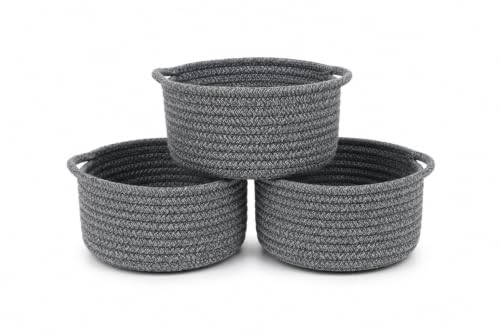 Image of Small Woven Cotton Rope Baskets with Handle, Set of 3, Grey | Boho Round Design, Bathroom Organizer, Safe for Kids & Pets, Chemical-Free Cotton, Multi-Room Storage