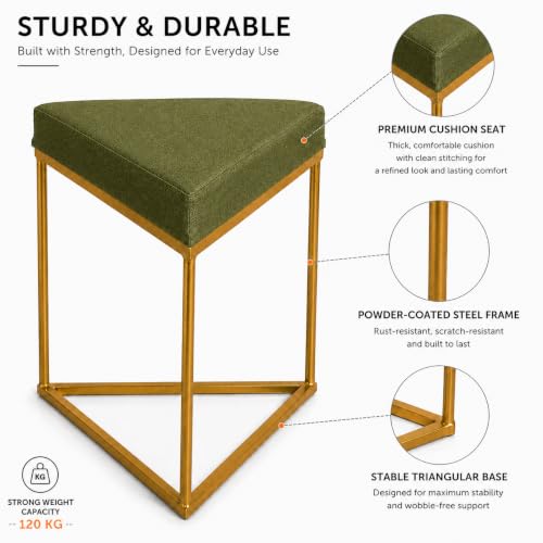 Image of Modern Velvet Triangular Vanity Stool with Gold Metal Frame | Upholstered Makeup Chair for Dressing Table | Accent Seating for Bedroom, Living Room & Home Decor-Olive Green.