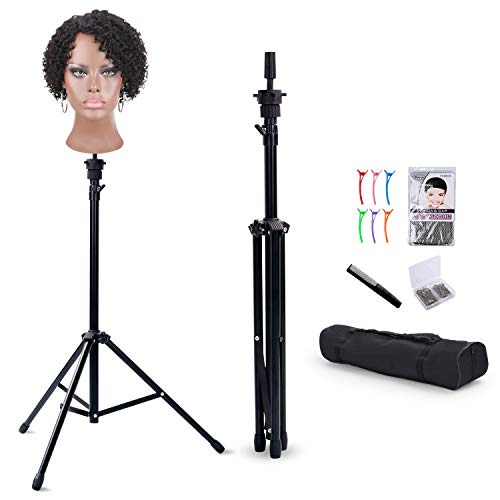 Klvied Reinforced Wig Stand Tripod Mannequin Head Stand, Adjustable Holder for Cosmetology Hairdressing Training with T-with Caps, T-Pins, Comb, Hair Clip, Carrying Bag