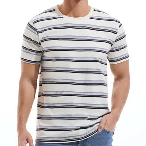 VEIISAR Gestreiftes Herren T-Shirt aus 95% Baumwolle & 5% Elasthan – Bequemes & elastisches T-Shirt – Casual Freizeit-Shirt 56 White Grey XL