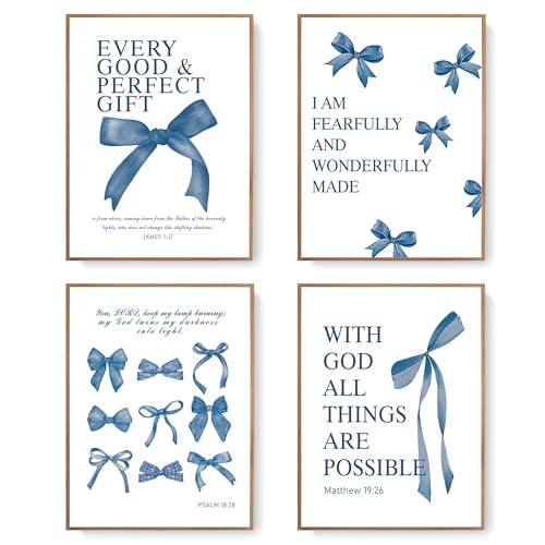 Image of LARTSFRO Coquette Navy Blue Bow Wall Art Decor Posters, Navy Blue Bow Room Bedroom Bathroom Dorm Wall Art Decor Aesthetic for Teen Girls Gifts, Inspirational Bible Verses Bow Wall Decor, 12x16 Inch Set of 4 Pcs Bow Pictures (UNFRAMED)