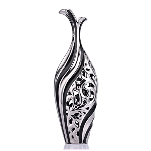 Noir Argent Grand Vase Décoratif à Poser Au Sol 50 Cm - Vase en Céramique Design Moderne pour Salon, Objet Décoration Moderne pour Maison, Bureau, Hôtel,...