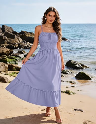 Image of GRACE KARIN Women's Summer Maxi Dress 2026,Smocked Ruched Bust Sundress with Adjustable Straps & Pockets-Beach Vacation Dress