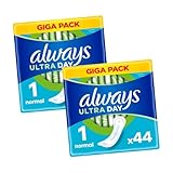 Always Ultra Day Sanitary Pads Size 1 Normal - 88 Pads (2 Packs of 44) Giga Pack for Reliable Daytime Protection and Comfort, 3× Protection and InstantDry Absorbency