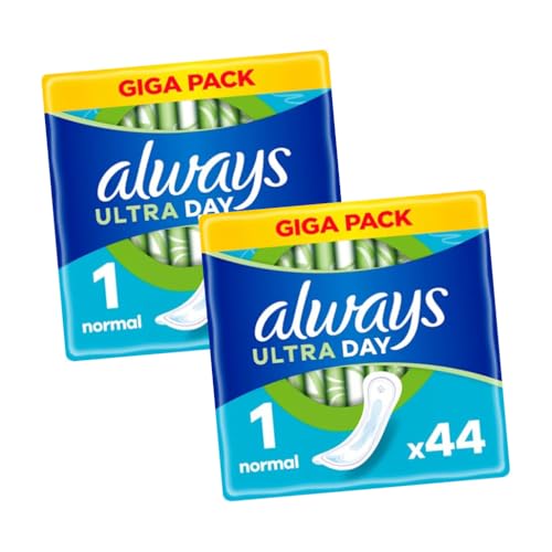 Always Ultra Day Sanitary Pads Size 1 Normal - 88 Pads (2 Packs of 44) Giga Pack for Reliable Daytime Protection and Comfort, 3× Protection and InstantDry Absorbency